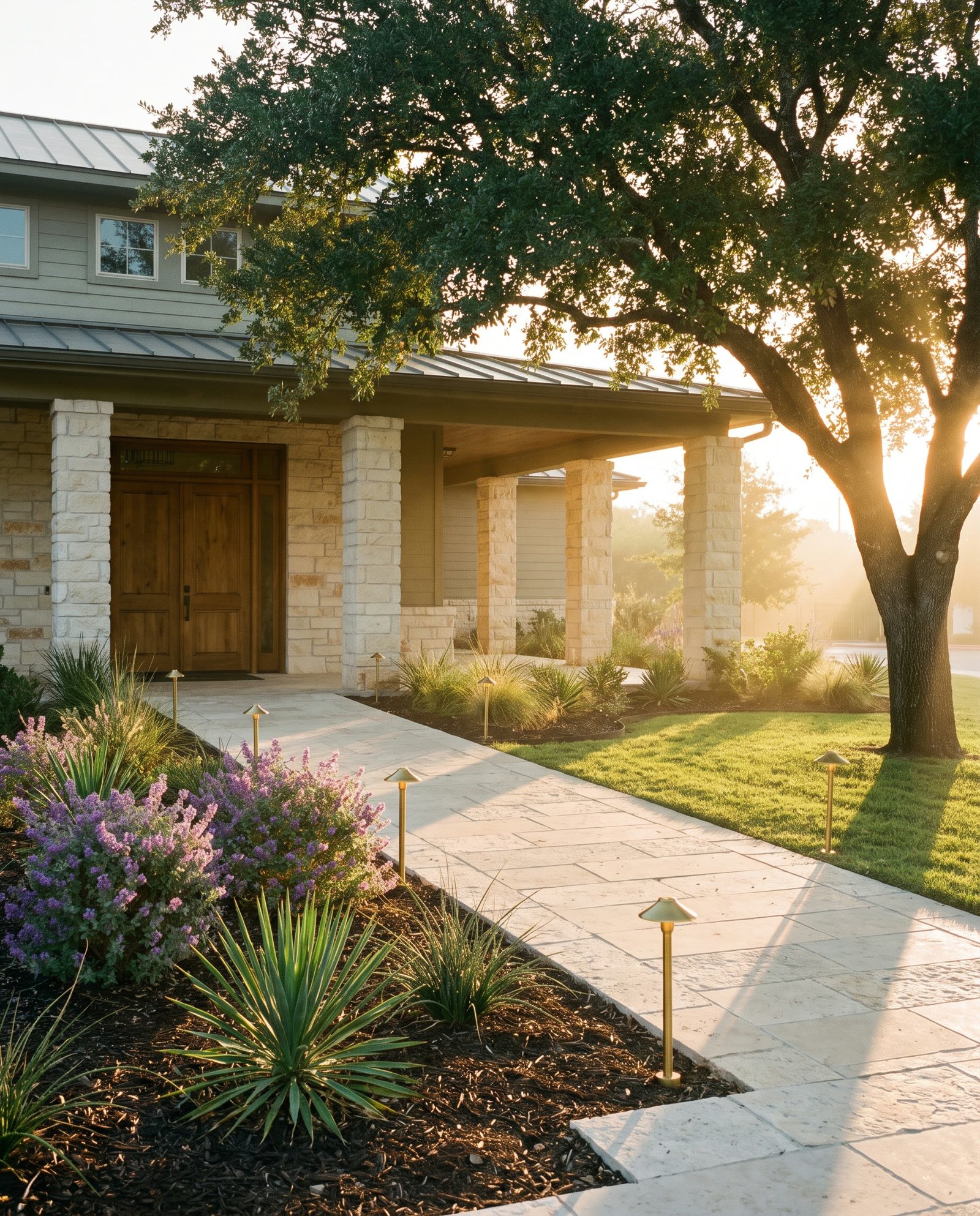 A covered leasing office entry with drought-tolerant beds, Texas sage, and path lighting at golden hour