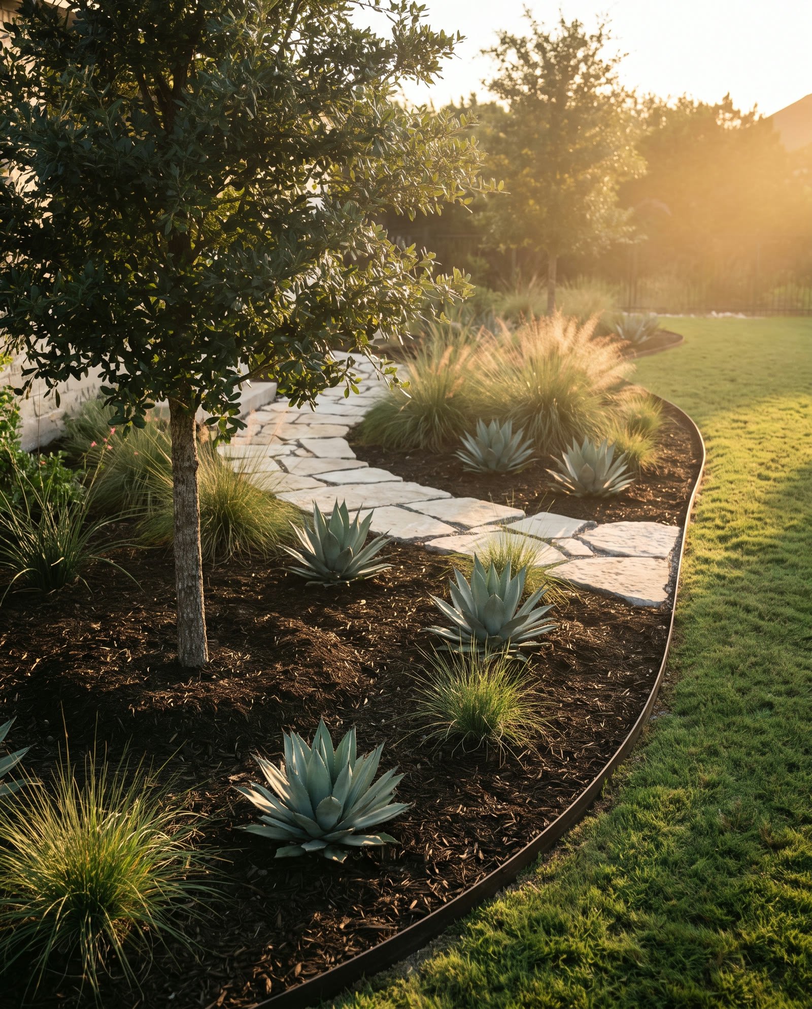A freshly planted Texas backyard with new beds, young trees, and a clean lawn in evening light