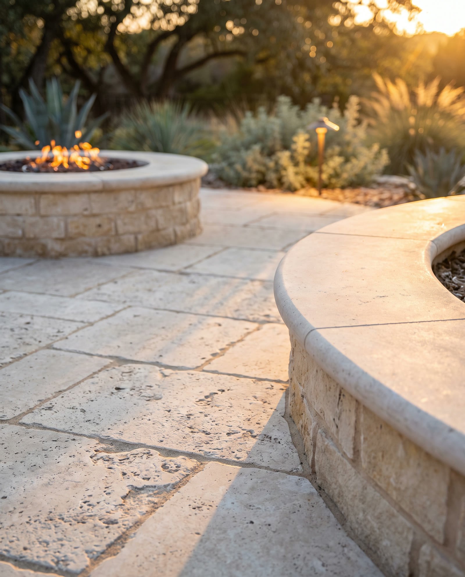 A limestone patio and low retaining wall with a fire feature, seen up close