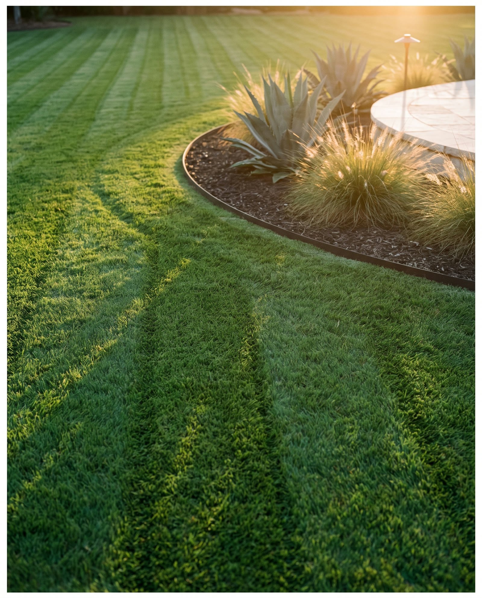 Crisp mow lines across a green lawn beside a clean planting bed edge